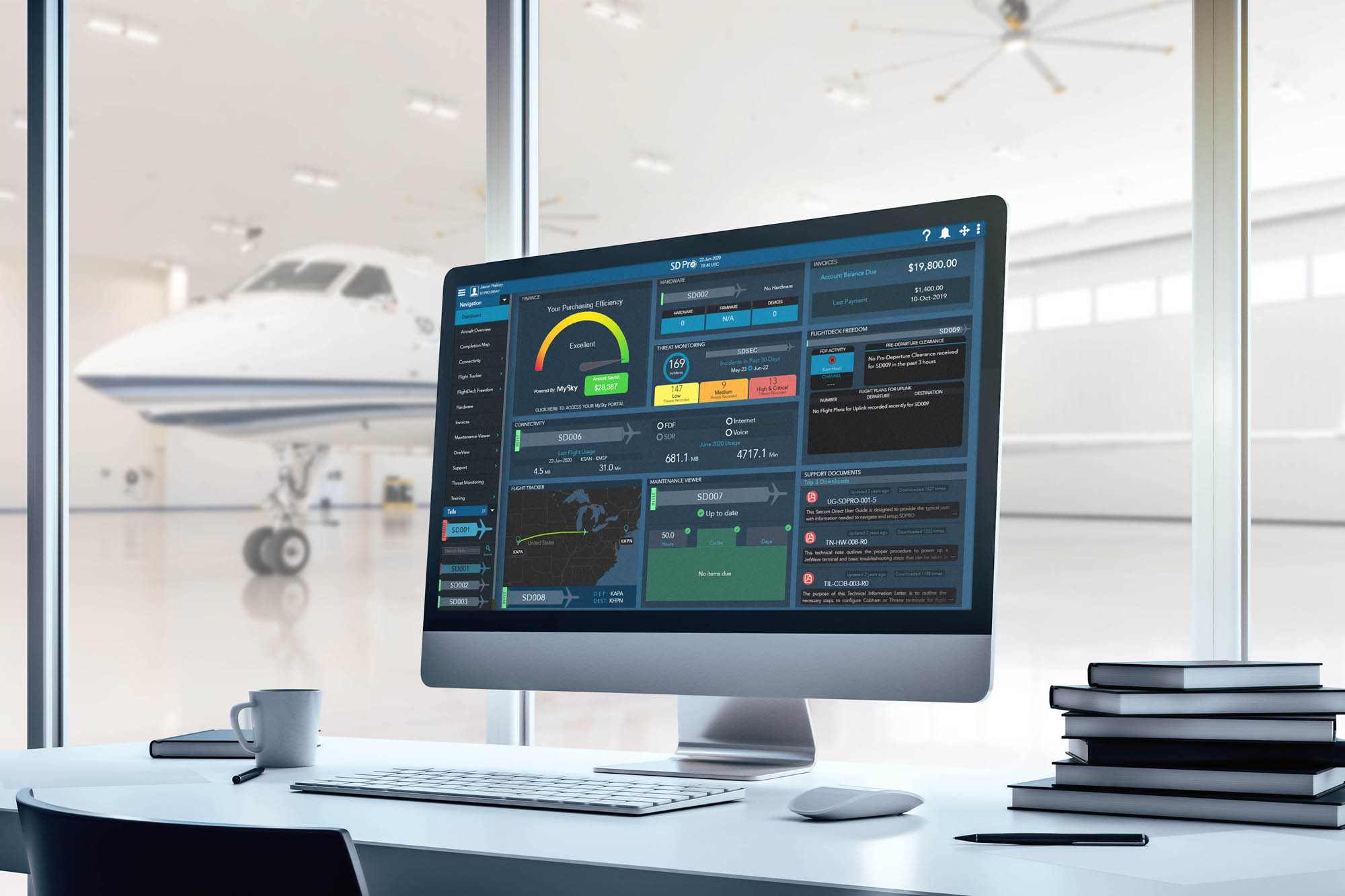 Close up of a blank computer screen standing on a white table in modern interior with big window with city view, mock up. 3D Rendering