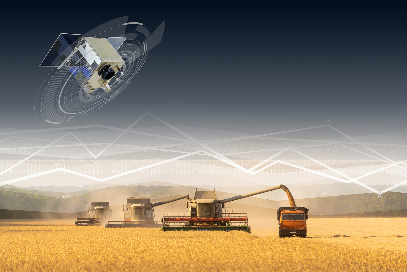 Control,Of,Combines,Harvesters,By,Satellite,Communication.,Smart,Farming,Concept