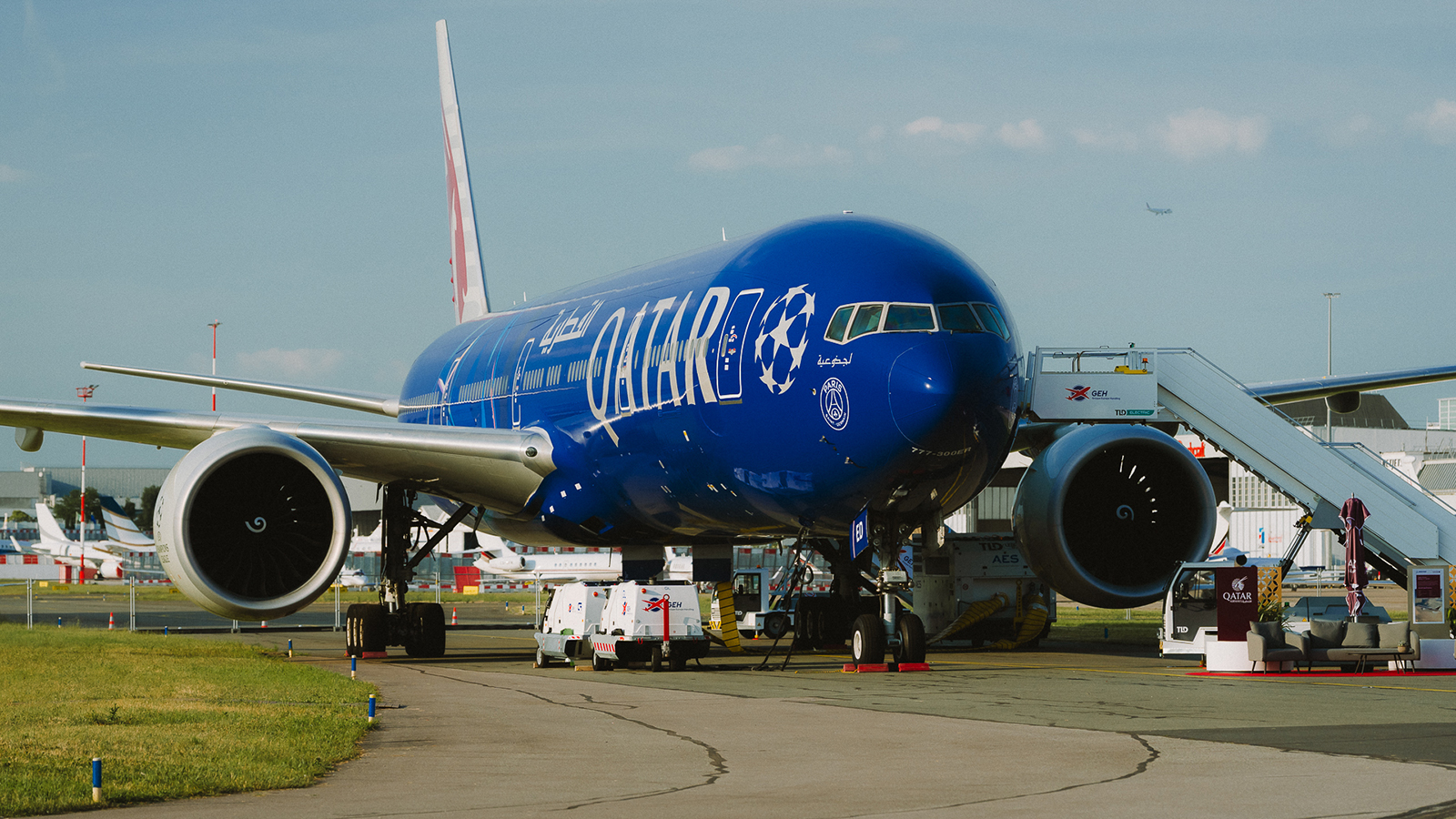 Qatar Airways B777 UEFA Champions League Livery at Paris Air Show 2025